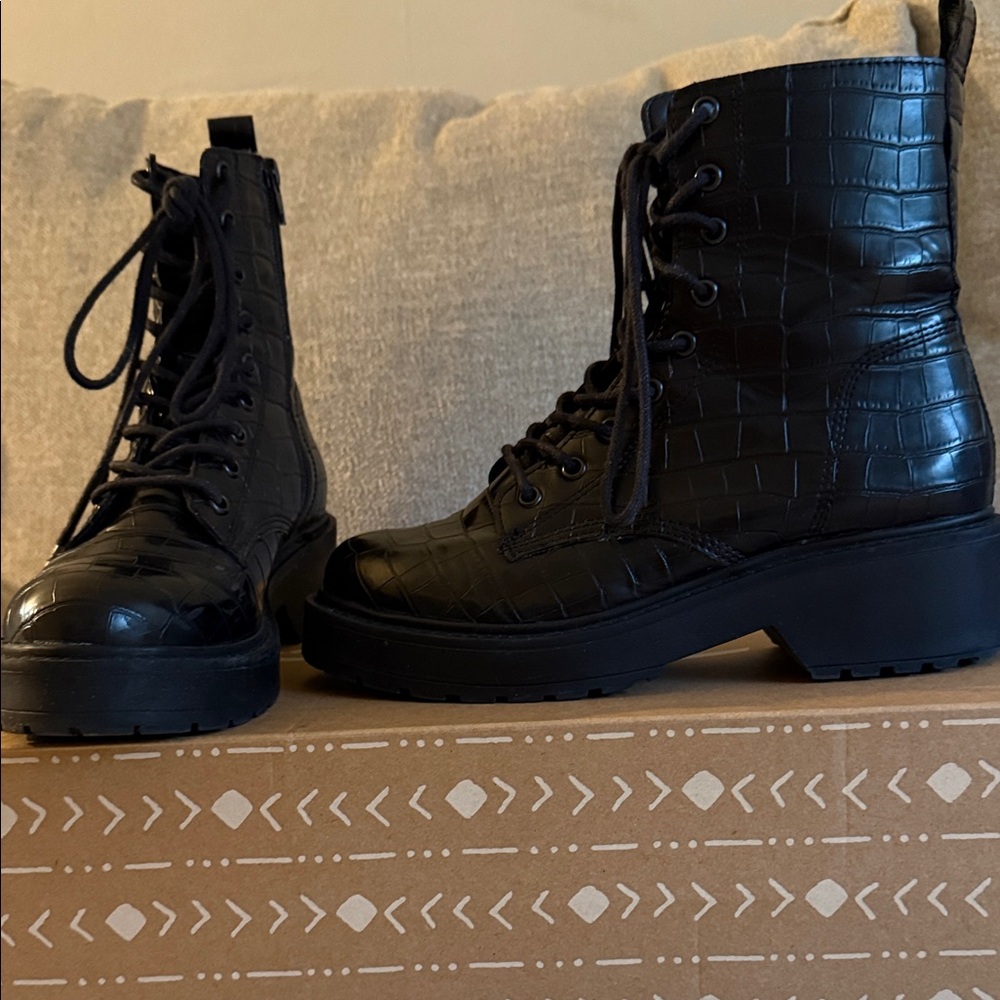 Black Croc-Embossed Combat Boots